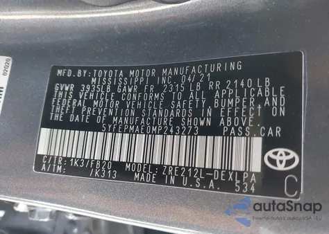 2021 Toyota Corolla Le from USA, damaged, VIN 5YFEPMAE0MP243273